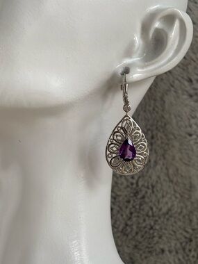 Amethyst Sterling Silver Teardrop Filigree Earrings